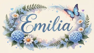Emilia horizontal diseño 4 - Composición magica con nombre en letra cursiva azul, rodeado de hortensias azules, margaritas blancas y delicadas flores silvestres, enmarcado por suaves remolinos de agua, mariposas azules y destellos estelares sobre un fondo etéreo y romántico.