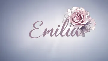 Emilia horizontal diseño 5 - Nombre en elegante tipografía cursiva caligráfica en tono lavanda, sobre fondo acuarela de cielo nublado en tonos pastel (azul, blanco, lavanda), decorado con rosa en acuarela de pétalos rosa pálido, blanco crema y lilas suaves con hojas en gris-verde.