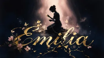 Emilia horizontal diseño 6 - Composición de ilustración semirrealista cinematográfica con silueta femenina tejiendo un hilo dorado de luz sobre un suelo oscuro fracturado al estilo Kintsugi, donde el nombre resalta en un prominente guión caligráfico dorado que emerge de las grietas, rodeado de flores blancas, mariposas y un fondo degradado de azules profundos iluminado por una luz celestial en tonos melocotón y crema, con una frase de aliento en tipografía blanca en la parte inferior.