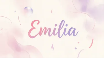 Emilia horizontal diseño 7 - Diseño abstracto en acuarela sobre fondo crema, con manchas fluidas y etéreas en rosa pastel y lila, líneas curvas que aportan movimiento, pequeñas gotas salpicadas cayendo verticalmente y una burbuja translúcida en la parte superior izquierda. El nombre resalta al centro con una tipografía cursiva amplia y elegante en degradado rosa a morado.
