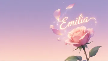 Emilia horizontal diseño 8 - Fondo de Pantalla con degradado suave que transiciona de lila en la parte superior a melocotón y rosa pastel en la base, destacando una rosa rosada hiperrealista con tallo y hojas verdes. El nombre brilla en tipografía cursiva con efecto neón cálido, adornado con pétalos cayendo y chispas de luz mágica.
