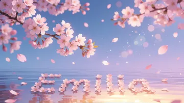 Emilia horizontal diseño 9 - Composición serena y onírica con ramas de cerezo en flor (sakura) en la parte superior contra un cielo en degradado de azul suave y lila. Pétalos de color rosa pastel flotan delicadamente en el aire cayendo hacia una superficie de agua tranquila y cristalina. En el centro inferior, el nombre está formado por pétalos de flores con un sutil efecto de relieve 3D y tipografía floral, reflejándose sobre el agua que está iluminada por un cálido destello dorado de luz solar en la esquina inferior derecha.