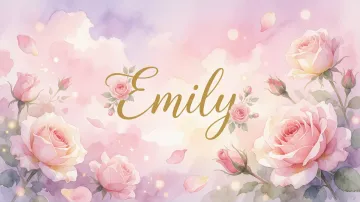 Emily horizontal diseño 10 - Diseño estilo acuarela con un fondo etéreo y texturizado en nubes de tonos rosa pastel y lila suave. Presenta composiciones de rosas abiertas y capullos en los bordes inferior y superior, con pétalos cayendo delicadamente. Incorpora destellos de luz cálida (efecto bokeh) y, en el centro, resalta una tipografía elegante, cursiva y fluida en color dorado.