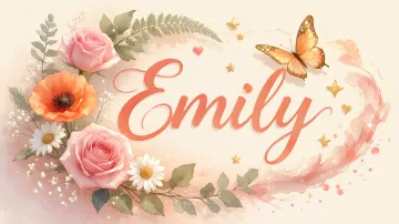 Emily horizontal diseño 3 - Elegante composición de rosas rosadas y amapolas naranjas con mariposas doradas brillantes sobre un fondo cálido, romántico y mágico.