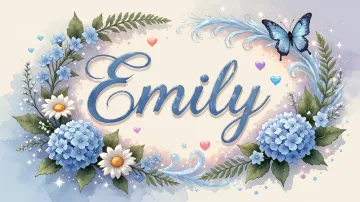 Emily horizontal diseño 4 - Composición magica con nombre en letra cursiva azul, rodeado de hortensias azules, margaritas blancas y delicadas flores silvestres, enmarcado por suaves remolinos de agua, mariposas azules y destellos estelares sobre un fondo etéreo y romántico.