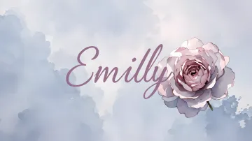 Emily horizontal diseño 5 - Nombre en elegante tipografía cursiva caligráfica en tono lavanda, sobre fondo acuarela de cielo nublado en tonos pastel (azul, blanco, lavanda), decorado con rosa en acuarela de pétalos rosa pálido, blanco crema y lilas suaves con hojas en gris-verde.
