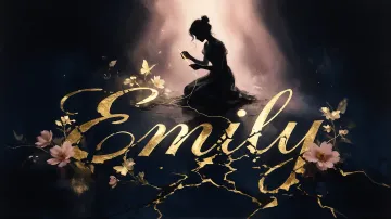 Emily horizontal diseño 6 - Composición de ilustración semirrealista cinematográfica con silueta femenina tejiendo un hilo dorado de luz sobre un suelo oscuro fracturado al estilo Kintsugi, donde el nombre resalta en un prominente guión caligráfico dorado que emerge de las grietas, rodeado de flores blancas, mariposas y un fondo degradado de azules profundos iluminado por una luz celestial en tonos melocotón y crema, con una frase de aliento en tipografía blanca en la parte inferior.