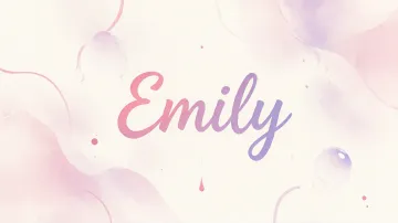 Emily horizontal diseño 7 - Diseño abstracto en acuarela sobre fondo crema, con manchas fluidas y etéreas en rosa pastel y lila, líneas curvas que aportan movimiento, pequeñas gotas salpicadas cayendo verticalmente y una burbuja translúcida en la parte superior izquierda. El nombre resalta al centro con una tipografía cursiva amplia y elegante en degradado rosa a morado.