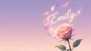 Emily horizontal diseño 8 - Fondo de Pantalla con degradado suave que transiciona de lila en la parte superior a melocotón y rosa pastel en la base, destacando una rosa rosada hiperrealista con tallo y hojas verdes. El nombre brilla en tipografía cursiva con efecto neón cálido, adornado con pétalos cayendo y chispas de luz mágica.