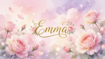 Emma horizontal diseño 10 - Diseño estilo acuarela con un fondo etéreo y texturizado en nubes de tonos rosa pastel y lila suave. Presenta composiciones de rosas abiertas y capullos en los bordes inferior y superior, con pétalos cayendo delicadamente. Incorpora destellos de luz cálida (efecto bokeh) y, en el centro, resalta una tipografía elegante, cursiva y fluida en color dorado.