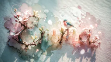 Emma horizontal diseño 11 - Un delicado diseño de estilo acuarela digital que combina una tipografía de caligrafía personalizada para el nombre en tonos dorados y rosados suaves, adornada con pequeñas hojas y brotes. Un pajarito azul y naranja vibrante está posado en una de las letras. Todo está rodeado por un marco circular de ramas de cerezo en flor con delicadas flores rosadas y blancas. El fondo es un lavado de acuarela difuminado en tonos pastel suaves de azul cerceta, rosa rubor y melocotón sobre una textura de papel rugoso, con destellos luminosos y motas de luz bokeh flotando alrededor, creando una atmósfera mágica y soñadora. Las sombras suaves proyectadas añaden profundidad.