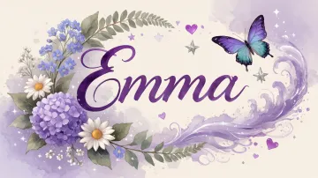 Emma horizontal diseño 2 - Diseño elegante de hortensias en tonos lila y morados suaves, con volutas estilizadas y una mariposa mística que aporta un toque etéreo y mágico.