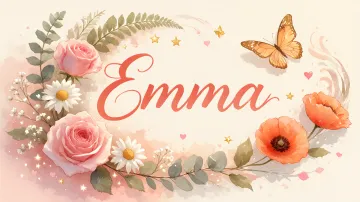 Emma horizontal diseño 3 - Elegante composición de rosas rosadas y amapolas naranjas con mariposas doradas brillantes sobre un fondo cálido, romántico y mágico.