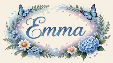 Emma horizontal diseño 4 - Composición magica con nombre en letra cursiva azul, rodeado de hortensias azules, margaritas blancas y delicadas flores silvestres, enmarcado por suaves remolinos de agua, mariposas azules y destellos estelares sobre un fondo etéreo y romántico.