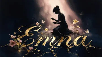 Emma horizontal diseño 6 - Composición de ilustración semirrealista cinematográfica con silueta femenina tejiendo un hilo dorado de luz sobre un suelo oscuro fracturado al estilo Kintsugi, donde el nombre resalta en un prominente guión caligráfico dorado que emerge de las grietas, rodeado de flores blancas, mariposas y un fondo degradado de azules profundos iluminado por una luz celestial en tonos melocotón y crema, con una frase de aliento en tipografía blanca en la parte inferior.
