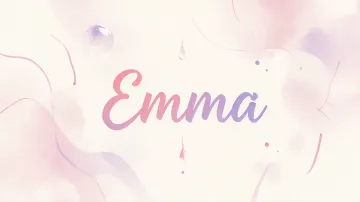 Emma horizontal diseño 7 - Diseño abstracto en acuarela sobre fondo crema, con manchas fluidas y etéreas en rosa pastel y lila, líneas curvas que aportan movimiento, pequeñas gotas salpicadas cayendo verticalmente y una burbuja translúcida en la parte superior izquierda. El nombre resalta al centro con una tipografía cursiva amplia y elegante en degradado rosa a morado.