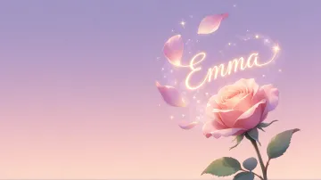 Emma horizontal diseño 8 - Fondo de Pantalla con degradado suave que transiciona de lila en la parte superior a melocotón y rosa pastel en la base, destacando una rosa rosada hiperrealista con tallo y hojas verdes. El nombre brilla en tipografía cursiva con efecto neón cálido, adornado con pétalos cayendo y chispas de luz mágica.
