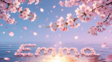 Emma horizontal diseño 9 - Composición serena y onírica con ramas de cerezo en flor (sakura) en la parte superior contra un cielo en degradado de azul suave y lila. Pétalos de color rosa pastel flotan delicadamente en el aire cayendo hacia una superficie de agua tranquila y cristalina. En el centro inferior, el nombre está formado por pétalos de flores con un sutil efecto de relieve 3D y tipografía floral, reflejándose sobre el agua que está iluminada por un cálido destello dorado de luz solar en la esquina inferior derecha.
