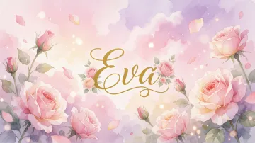 Eva horizontal diseño 10 - Diseño estilo acuarela con un fondo etéreo y texturizado en nubes de tonos rosa pastel y lila suave. Presenta composiciones de rosas abiertas y capullos en los bordes inferior y superior, con pétalos cayendo delicadamente. Incorpora destellos de luz cálida (efecto bokeh) y, en el centro, resalta una tipografía elegante, cursiva y fluida en color dorado.