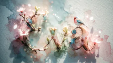 Eva horizontal diseño 11 - Un delicado diseño de estilo acuarela digital que combina una tipografía de caligrafía personalizada para el nombre en tonos dorados y rosados suaves, adornada con pequeñas hojas y brotes. Un pajarito azul y naranja vibrante está posado en una de las letras. Todo está rodeado por un marco circular de ramas de cerezo en flor con delicadas flores rosadas y blancas. El fondo es un lavado de acuarela difuminado en tonos pastel suaves de azul cerceta, rosa rubor y melocotón sobre una textura de papel rugoso, con destellos luminosos y motas de luz bokeh flotando alrededor, creando una atmósfera mágica y soñadora. Las sombras suaves proyectadas añaden profundidad.