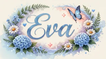Eva horizontal diseño 4 - Composición magica con nombre en letra cursiva azul, rodeado de hortensias azules, margaritas blancas y delicadas flores silvestres, enmarcado por suaves remolinos de agua, mariposas azules y destellos estelares sobre un fondo etéreo y romántico.