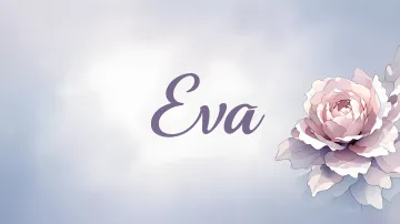 Eva horizontal diseño 5 - Nombre en elegante tipografía cursiva caligráfica en tono lavanda, sobre fondo acuarela de cielo nublado en tonos pastel (azul, blanco, lavanda), decorado con rosa en acuarela de pétalos rosa pálido, blanco crema y lilas suaves con hojas en gris-verde.