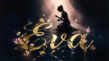 Eva horizontal diseño 6 - Composición de ilustración semirrealista cinematográfica con silueta femenina tejiendo un hilo dorado de luz sobre un suelo oscuro fracturado al estilo Kintsugi, donde el nombre resalta en un prominente guión caligráfico dorado que emerge de las grietas, rodeado de flores blancas, mariposas y un fondo degradado de azules profundos iluminado por una luz celestial en tonos melocotón y crema, con una frase de aliento en tipografía blanca en la parte inferior.