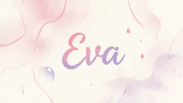 Eva horizontal diseño 7 - Diseño abstracto en acuarela sobre fondo crema, con manchas fluidas y etéreas en rosa pastel y lila, líneas curvas que aportan movimiento, pequeñas gotas salpicadas cayendo verticalmente y una burbuja translúcida en la parte superior izquierda. El nombre resalta al centro con una tipografía cursiva amplia y elegante en degradado rosa a morado.