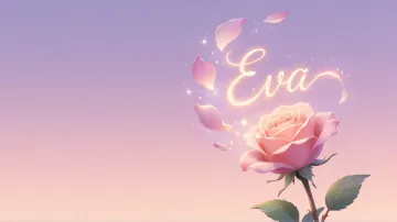 Eva horizontal diseño 8 - Fondo de Pantalla con degradado suave que transiciona de lila en la parte superior a melocotón y rosa pastel en la base, destacando una rosa rosada hiperrealista con tallo y hojas verdes. El nombre brilla en tipografía cursiva con efecto neón cálido, adornado con pétalos cayendo y chispas de luz mágica.
