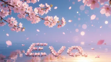 Eva horizontal diseño 9 - Composición serena y onírica con ramas de cerezo en flor (sakura) en la parte superior contra un cielo en degradado de azul suave y lila. Pétalos de color rosa pastel flotan delicadamente en el aire cayendo hacia una superficie de agua tranquila y cristalina. En el centro inferior, el nombre está formado por pétalos de flores con un sutil efecto de relieve 3D y tipografía floral, reflejándose sobre el agua que está iluminada por un cálido destello dorado de luz solar en la esquina inferior derecha.