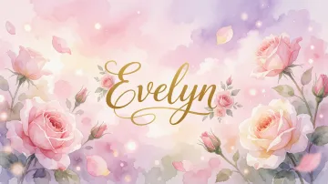 Evelyn horizontal diseño 10 - Diseño estilo acuarela con un fondo etéreo y texturizado en nubes de tonos rosa pastel y lila suave. Presenta composiciones de rosas abiertas y capullos en los bordes inferior y superior, con pétalos cayendo delicadamente. Incorpora destellos de luz cálida (efecto bokeh) y, en el centro, resalta una tipografía elegante, cursiva y fluida en color dorado.