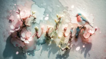 Evelyn horizontal diseño 11 - Un delicado diseño de estilo acuarela digital que combina una tipografía de caligrafía personalizada para el nombre en tonos dorados y rosados suaves, adornada con pequeñas hojas y brotes. Un pajarito azul y naranja vibrante está posado en una de las letras. Todo está rodeado por un marco circular de ramas de cerezo en flor con delicadas flores rosadas y blancas. El fondo es un lavado de acuarela difuminado en tonos pastel suaves de azul cerceta, rosa rubor y melocotón sobre una textura de papel rugoso, con destellos luminosos y motas de luz bokeh flotando alrededor, creando una atmósfera mágica y soñadora. Las sombras suaves proyectadas añaden profundidad.