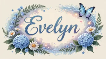 Evelyn horizontal diseño 4 - Composición magica con nombre en letra cursiva azul, rodeado de hortensias azules, margaritas blancas y delicadas flores silvestres, enmarcado por suaves remolinos de agua, mariposas azules y destellos estelares sobre un fondo etéreo y romántico.