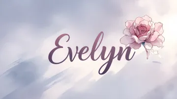 Evelyn horizontal diseño 5 - Nombre en elegante tipografía cursiva caligráfica en tono lavanda, sobre fondo acuarela de cielo nublado en tonos pastel (azul, blanco, lavanda), decorado con rosa en acuarela de pétalos rosa pálido, blanco crema y lilas suaves con hojas en gris-verde.