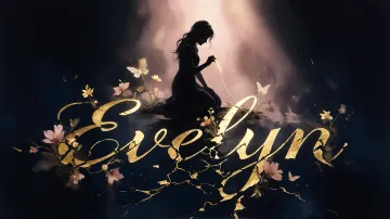 Evelyn horizontal diseño 6 - Composición de ilustración semirrealista cinematográfica con silueta femenina tejiendo un hilo dorado de luz sobre un suelo oscuro fracturado al estilo Kintsugi, donde el nombre resalta en un prominente guión caligráfico dorado que emerge de las grietas, rodeado de flores blancas, mariposas y un fondo degradado de azules profundos iluminado por una luz celestial en tonos melocotón y crema, con una frase de aliento en tipografía blanca en la parte inferior.