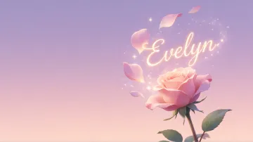 Evelyn horizontal diseño 8 - Fondo de Pantalla con degradado suave que transiciona de lila en la parte superior a melocotón y rosa pastel en la base, destacando una rosa rosada hiperrealista con tallo y hojas verdes. El nombre brilla en tipografía cursiva con efecto neón cálido, adornado con pétalos cayendo y chispas de luz mágica.