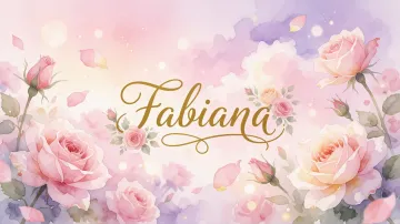 Fabiana horizontal diseño 10 - Diseño estilo acuarela con un fondo etéreo y texturizado en nubes de tonos rosa pastel y lila suave. Presenta composiciones de rosas abiertas y capullos en los bordes inferior y superior, con pétalos cayendo delicadamente. Incorpora destellos de luz cálida (efecto bokeh) y, en el centro, resalta una tipografía elegante, cursiva y fluida en color dorado.