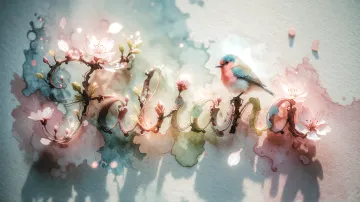 Fabiana horizontal diseño 11 - Un delicado diseño de estilo acuarela digital que combina una tipografía de caligrafía personalizada para el nombre en tonos dorados y rosados suaves, adornada con pequeñas hojas y brotes. Un pajarito azul y naranja vibrante está posado en una de las letras. Todo está rodeado por un marco circular de ramas de cerezo en flor con delicadas flores rosadas y blancas. El fondo es un lavado de acuarela difuminado en tonos pastel suaves de azul cerceta, rosa rubor y melocotón sobre una textura de papel rugoso, con destellos luminosos y motas de luz bokeh flotando alrededor, creando una atmósfera mágica y soñadora. Las sombras suaves proyectadas añaden profundidad.