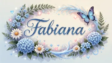 Fabiana horizontal diseño 4 - Composición magica con nombre en letra cursiva azul, rodeado de hortensias azules, margaritas blancas y delicadas flores silvestres, enmarcado por suaves remolinos de agua, mariposas azules y destellos estelares sobre un fondo etéreo y romántico.