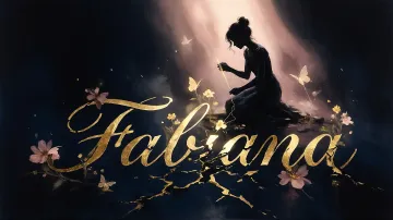 Fabiana horizontal diseño 6 - Composición de ilustración semirrealista cinematográfica con silueta femenina tejiendo un hilo dorado de luz sobre un suelo oscuro fracturado al estilo Kintsugi, donde el nombre resalta en un prominente guión caligráfico dorado que emerge de las grietas, rodeado de flores blancas, mariposas y un fondo degradado de azules profundos iluminado por una luz celestial en tonos melocotón y crema, con una frase de aliento en tipografía blanca en la parte inferior.