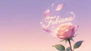 Fabiana horizontal diseño 8 - Fondo de Pantalla con degradado suave que transiciona de lila en la parte superior a melocotón y rosa pastel en la base, destacando una rosa rosada hiperrealista con tallo y hojas verdes. El nombre brilla en tipografía cursiva con efecto neón cálido, adornado con pétalos cayendo y chispas de luz mágica.