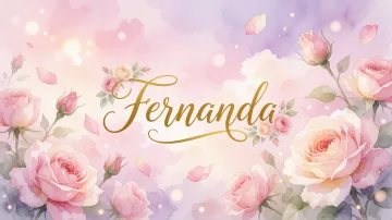 Fernanda horizontal diseño 10 - Diseño estilo acuarela con un fondo etéreo y texturizado en nubes de tonos rosa pastel y lila suave. Presenta composiciones de rosas abiertas y capullos en los bordes inferior y superior, con pétalos cayendo delicadamente. Incorpora destellos de luz cálida (efecto bokeh) y, en el centro, resalta una tipografía elegante, cursiva y fluida en color dorado.