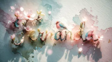 Fernanda horizontal diseño 11 - Un delicado diseño de estilo acuarela digital que combina una tipografía de caligrafía personalizada para el nombre en tonos dorados y rosados suaves, adornada con pequeñas hojas y brotes. Un pajarito azul y naranja vibrante está posado en una de las letras. Todo está rodeado por un marco circular de ramas de cerezo en flor con delicadas flores rosadas y blancas. El fondo es un lavado de acuarela difuminado en tonos pastel suaves de azul cerceta, rosa rubor y melocotón sobre una textura de papel rugoso, con destellos luminosos y motas de luz bokeh flotando alrededor, creando una atmósfera mágica y soñadora. Las sombras suaves proyectadas añaden profundidad.