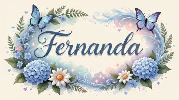Fernanda horizontal diseño 4 - Composición magica con nombre en letra cursiva azul, rodeado de hortensias azules, margaritas blancas y delicadas flores silvestres, enmarcado por suaves remolinos de agua, mariposas azules y destellos estelares sobre un fondo etéreo y romántico.