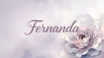 Fernanda horizontal diseño 5 - Nombre en elegante tipografía cursiva caligráfica en tono lavanda, sobre fondo acuarela de cielo nublado en tonos pastel (azul, blanco, lavanda), decorado con rosa en acuarela de pétalos rosa pálido, blanco crema y lilas suaves con hojas en gris-verde.