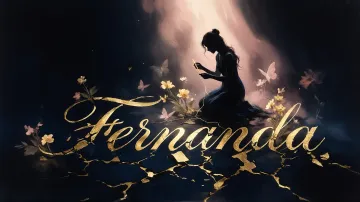 Fernanda horizontal diseño 6 - Composición de ilustración semirrealista cinematográfica con silueta femenina tejiendo un hilo dorado de luz sobre un suelo oscuro fracturado al estilo Kintsugi, donde el nombre resalta en un prominente guión caligráfico dorado que emerge de las grietas, rodeado de flores blancas, mariposas y un fondo degradado de azules profundos iluminado por una luz celestial en tonos melocotón y crema, con una frase de aliento en tipografía blanca en la parte inferior.