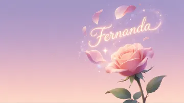 Fernanda horizontal diseño 8 - Fondo de Pantalla con degradado suave que transiciona de lila en la parte superior a melocotón y rosa pastel en la base, destacando una rosa rosada hiperrealista con tallo y hojas verdes. El nombre brilla en tipografía cursiva con efecto neón cálido, adornado con pétalos cayendo y chispas de luz mágica.