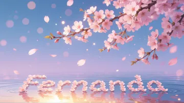 Fernanda horizontal diseño 9 - Composición serena y onírica con ramas de cerezo en flor (sakura) en la parte superior contra un cielo en degradado de azul suave y lila. Pétalos de color rosa pastel flotan delicadamente en el aire cayendo hacia una superficie de agua tranquila y cristalina. En el centro inferior, el nombre está formado por pétalos de flores con un sutil efecto de relieve 3D y tipografía floral, reflejándose sobre el agua que está iluminada por un cálido destello dorado de luz solar en la esquina inferior derecha.