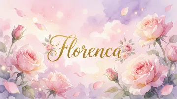 Florencia horizontal diseño 10 - Diseño estilo acuarela con un fondo etéreo y texturizado en nubes de tonos rosa pastel y lila suave. Presenta composiciones de rosas abiertas y capullos en los bordes inferior y superior, con pétalos cayendo delicadamente. Incorpora destellos de luz cálida (efecto bokeh) y, en el centro, resalta una tipografía elegante, cursiva y fluida en color dorado.