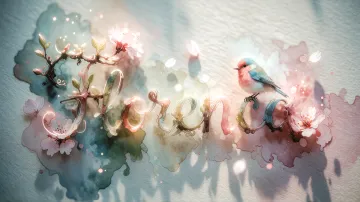 Florencia horizontal diseño 11 - Un delicado diseño de estilo acuarela digital que combina una tipografía de caligrafía personalizada para el nombre en tonos dorados y rosados suaves, adornada con pequeñas hojas y brotes. Un pajarito azul y naranja vibrante está posado en una de las letras. Todo está rodeado por un marco circular de ramas de cerezo en flor con delicadas flores rosadas y blancas. El fondo es un lavado de acuarela difuminado en tonos pastel suaves de azul cerceta, rosa rubor y melocotón sobre una textura de papel rugoso, con destellos luminosos y motas de luz bokeh flotando alrededor, creando una atmósfera mágica y soñadora. Las sombras suaves proyectadas añaden profundidad.